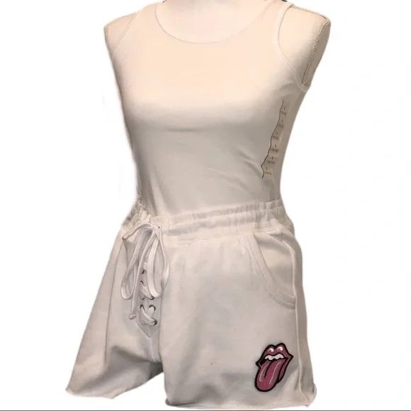 Lace Up Sweatshorts W/ Pink Rolling Stones Logo Patch - Picture 4 of 5